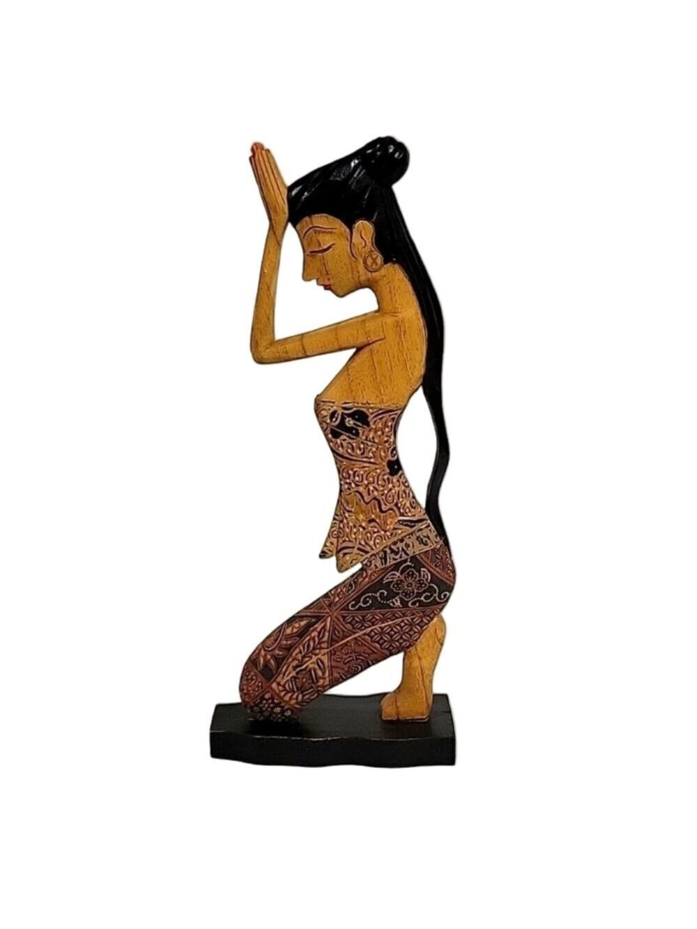 Bali Praying Woman Carved Wood, Decoupage Sculpture